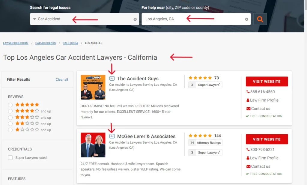 Example of ads in lawyer directories
